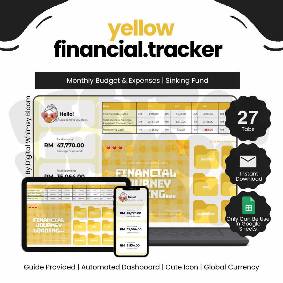 2.0 Yellow Theme Financial Tracker | By Digital Whimsy Bloom