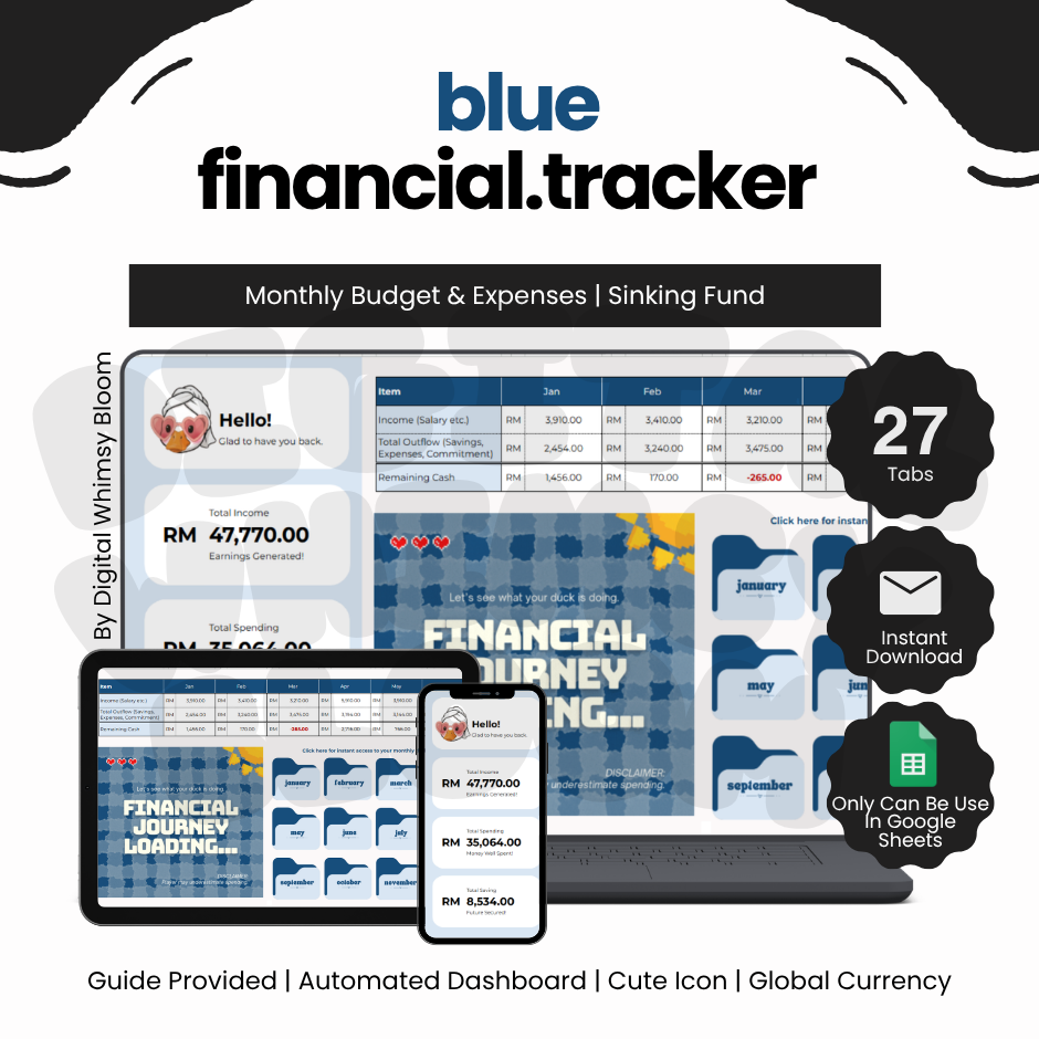 2.0 Blue Theme Financial Tracker | By Digital Whimsy Bloom