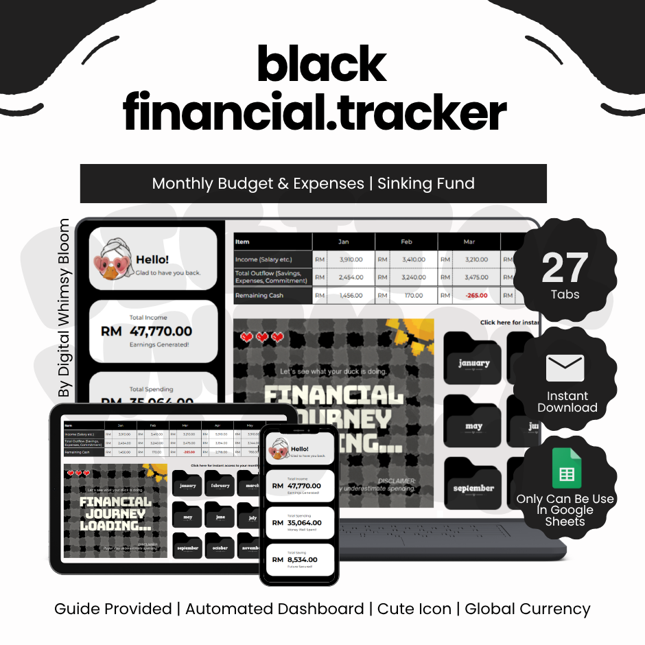 2.0 Black Theme Financial Tracker | By Digital Whimsy Bloom