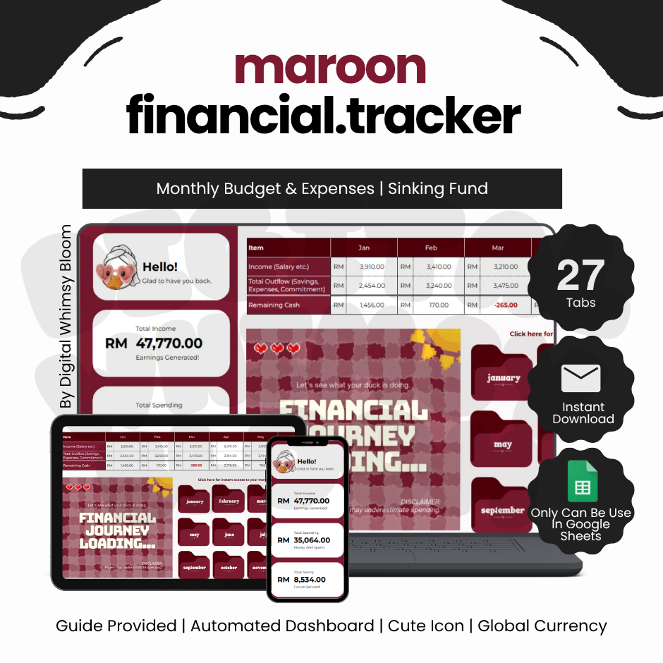 2.0 Maroon Theme Financial Tracker | By Digital Whimsy Bloom