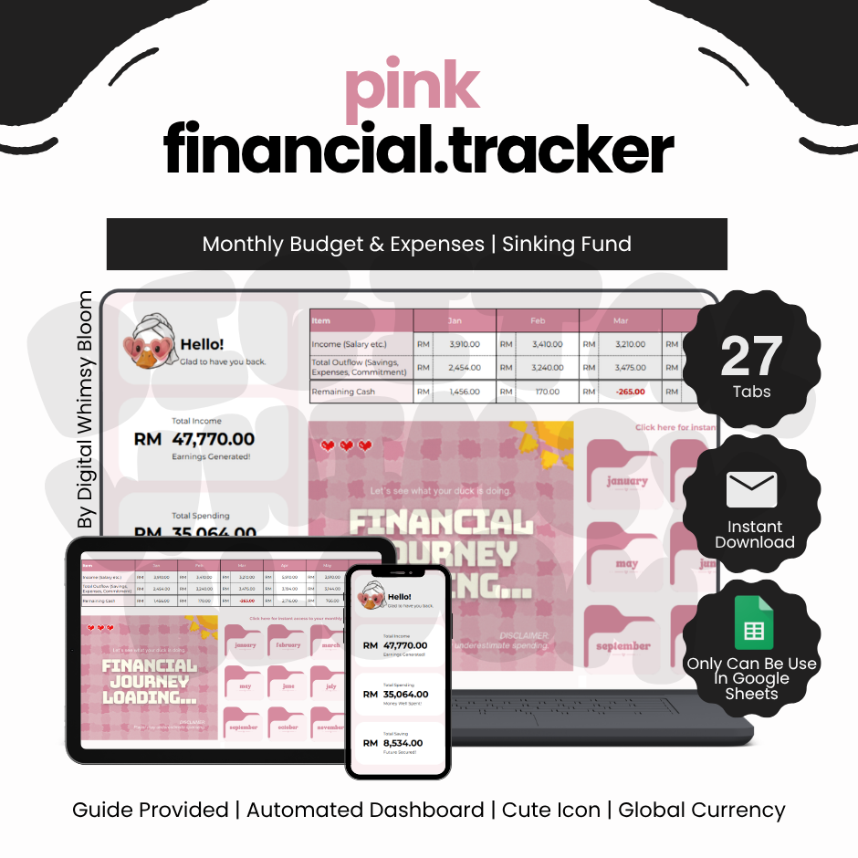 2.0 Pink Theme Financial Tracker | By Digital Whimsy Bloom