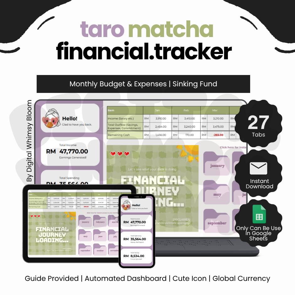 2.0 Taro Matcha Theme Financial Tracker | By Digital Whimsy Bloom