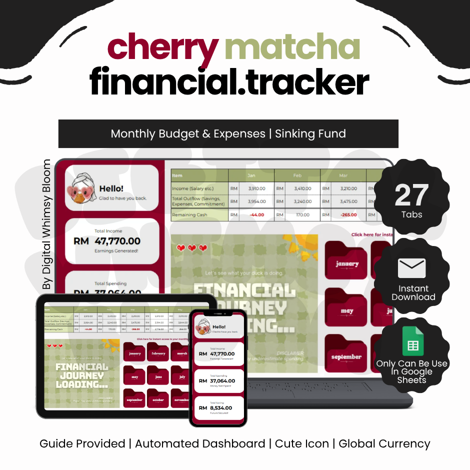 2.0 Cherry Matcha Theme Financial Tracker | By Digital Whimsy Bloom