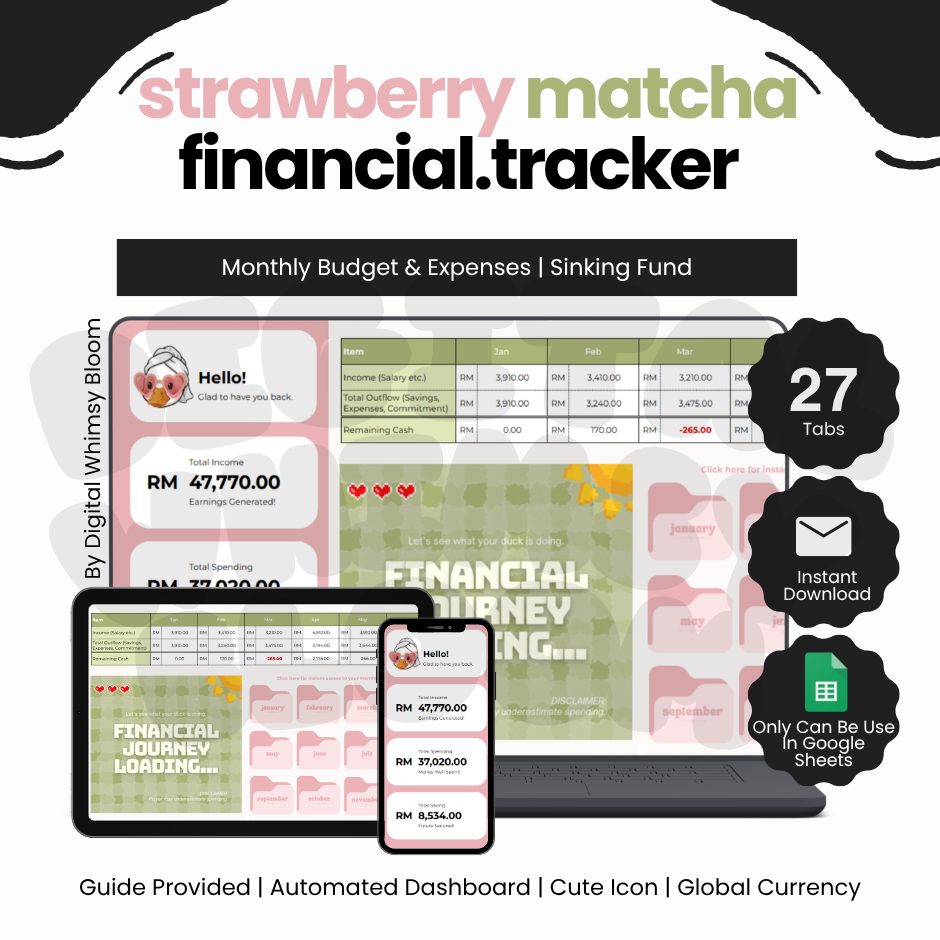 2.0 Strawberry Matcha Theme Financial Tracker | By Digital Whimsy Bloom